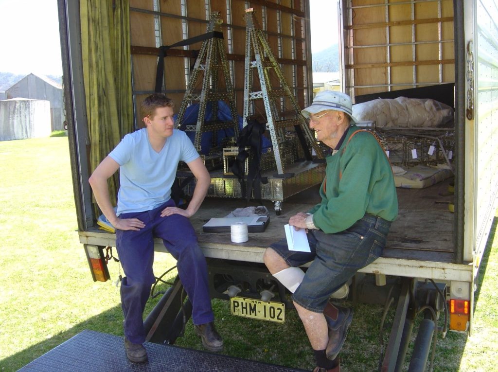 Scott talks to Fred Lane during the collection of Fred's giant Mecanno Ferris Wheel.